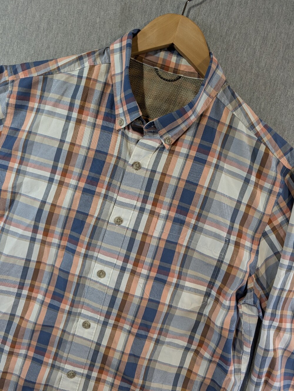 Eddie Bauer Performance Plaid Shirt Men's Large Blue White Orange Long Sleeve
